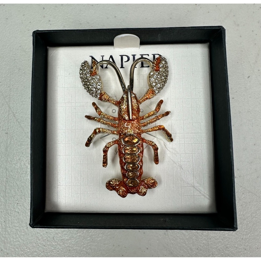 NEW Napier LOBSTER Brooch Pin Rhinestones Enameled Signed‎ WITH BOX